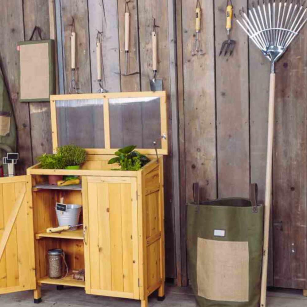 Blumen Risse, Markenwelt, Siena Garden, Pflanztisch, Schrank, Holz, Natur, Deckel, Durchsichtig, Holzwand, Grau, Handwerkzeuge, Rechen