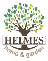 Blumen-Risse, Helmes-Home-Garden, Markenlogo, Baum, Braun, Blattwerk, Hellgrün, Dunkelgrün, Schriftzug, Braun
