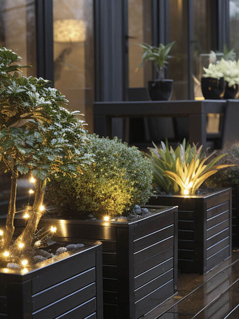winterharte Kübelpflanzen, dunkle Holzkübel mit Pflanzen und Beleuchtung auf Terrasse