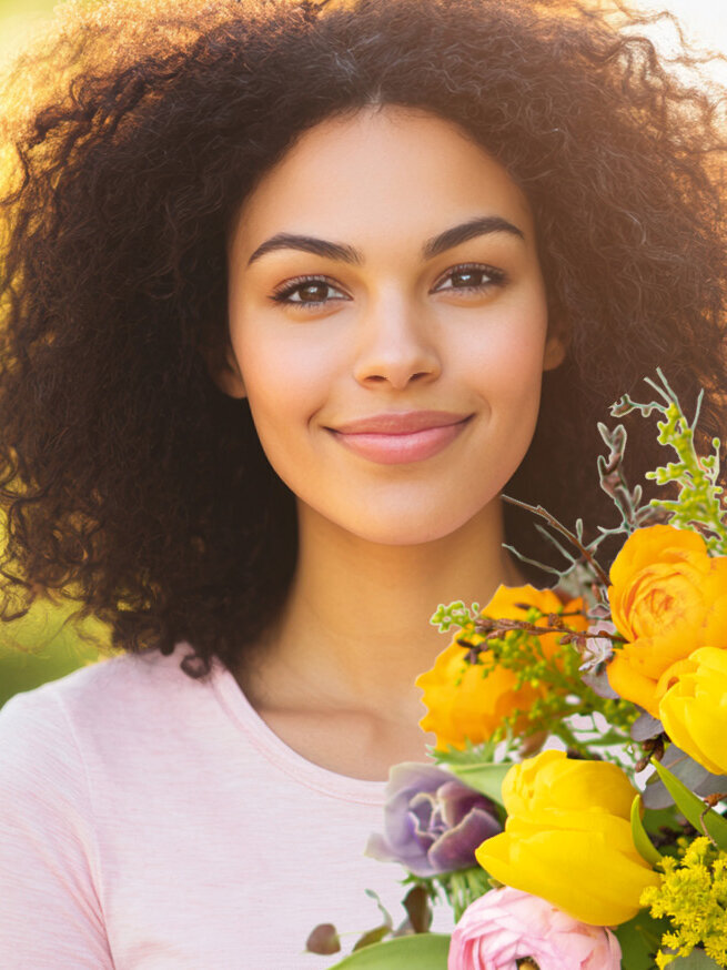 Blumen-Risse, Titelbild-Ostern, Frau-mit-fruehlingshaftem-Blumenstrauß