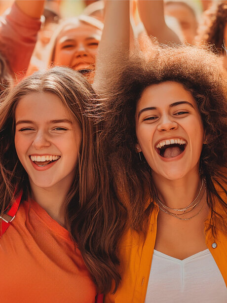 Blumen-Risse, Weltfrauentag, 08.03.2025, junge-glueckliche-Frauen-freuen-sich-gemeinsam