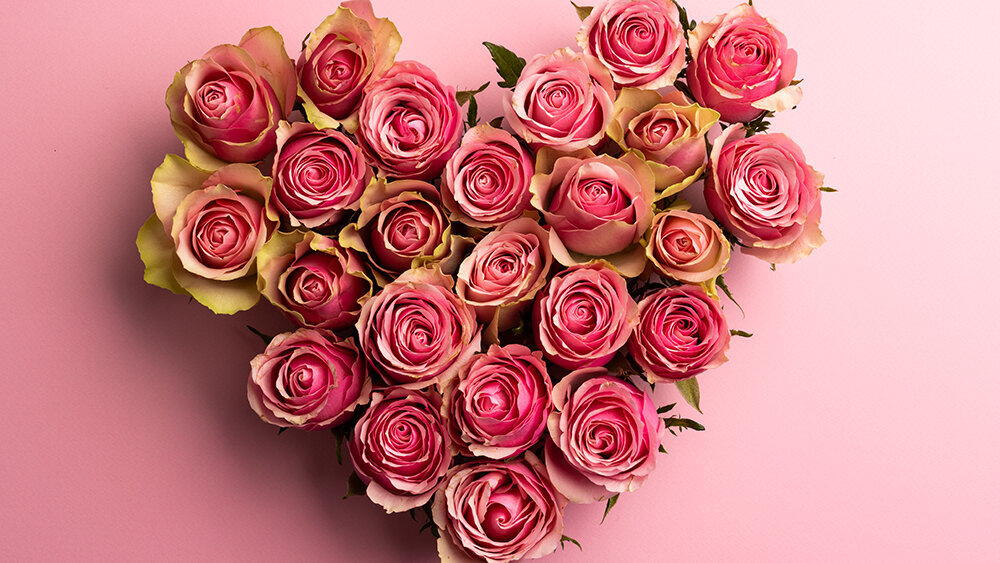 Blumen-Risse, Aktuelles, Zuckerfest, Rosa, Rosenherz-mit-rosafarbenen-Rosen-von-oben-fotografiert