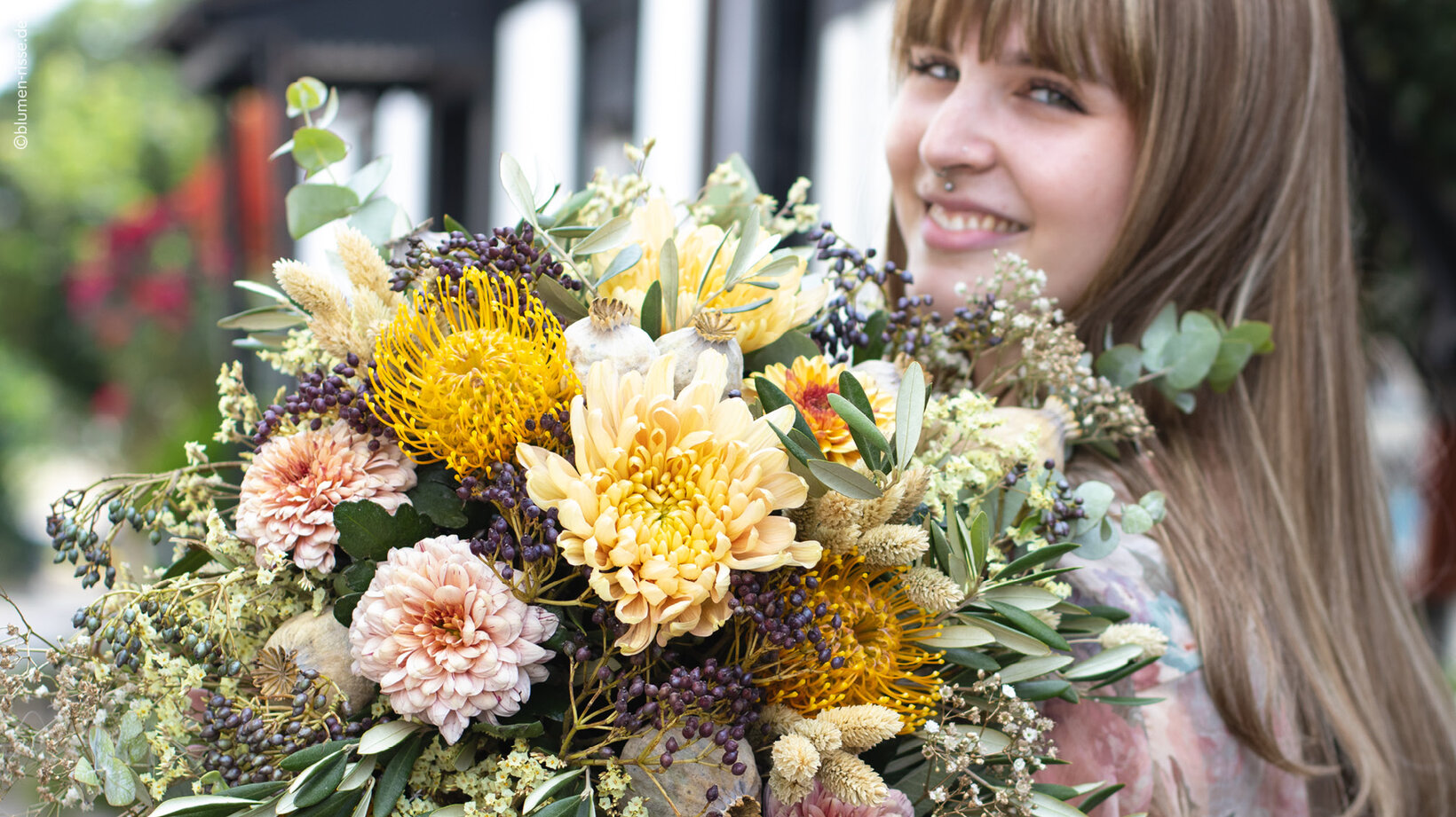 Blumen-Risse, Sortiment, Blumen, Saison, Blumenstrauss, Gelb, Orange, Chrysanthemen, Grün