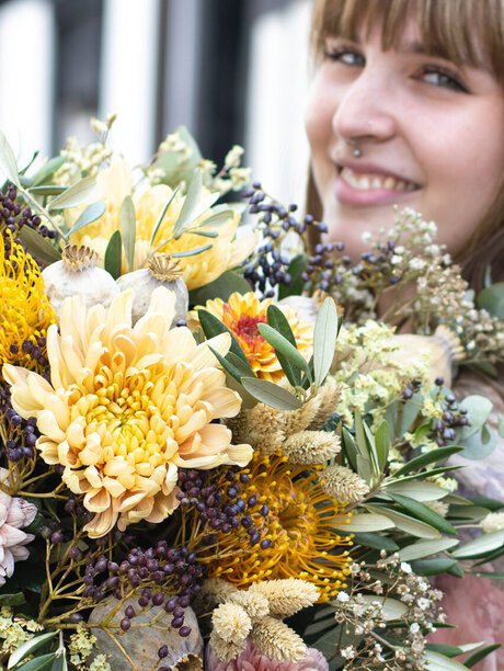 Blumen-Risse, Sortiment, Blumen, Saison, Blumenstrauss, Gelb, Orange, Chrysanthemen, Grün