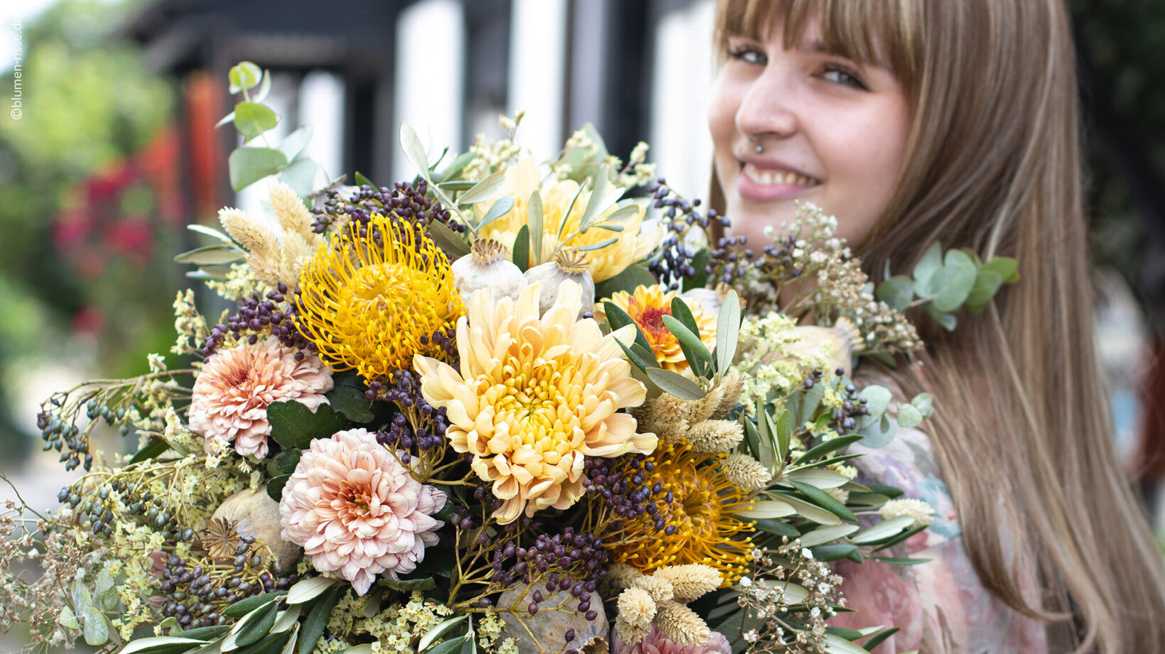 Blumen-Risse, Sortiment, Blumen, Saison, Blumenstrauss, Gelb, Orange, Chrysanthemen, Grün