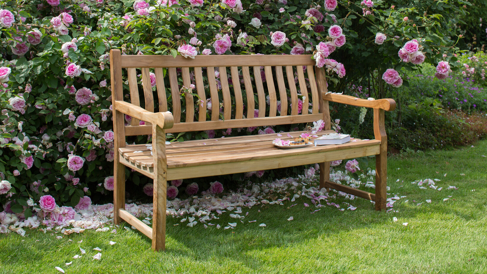 Blumen Risse, Gartenbank, DeVries, Bank, Holzbank, Rosenstrauch, Rosenblüten, Pink, Wiese