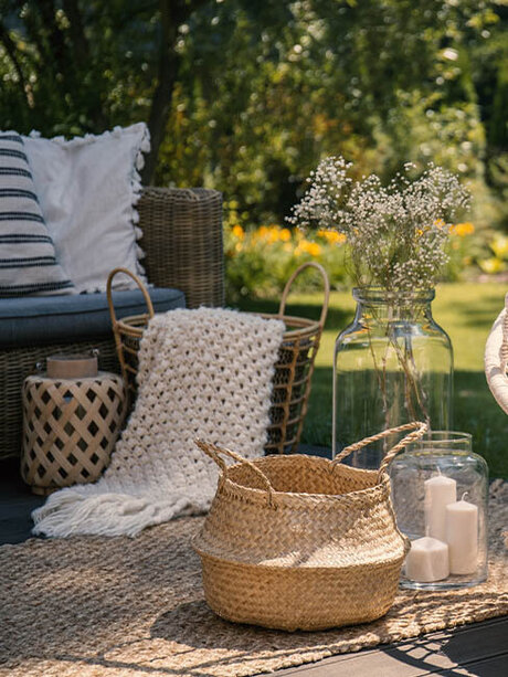 Blumen Risse, Sortiment, Garten, Brunnen, Gartendeko, Gartendekoration, Weiss, Beige, Gruen, Gelb, Kissen, Teppich, Kerzen, Vase, Haengesessel, Gefaesse, Garten, gemuetlich