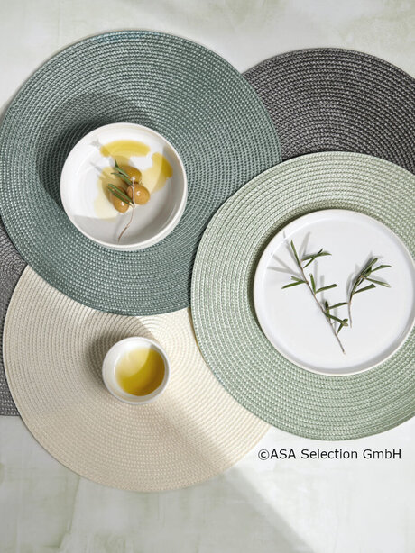Blumen Risse, Kategorie, Titelbild, Garten, Haushalt, Tischsets, Vier Sets, Rund, Grau, Beige, Grün, Grau, Teller, Deko