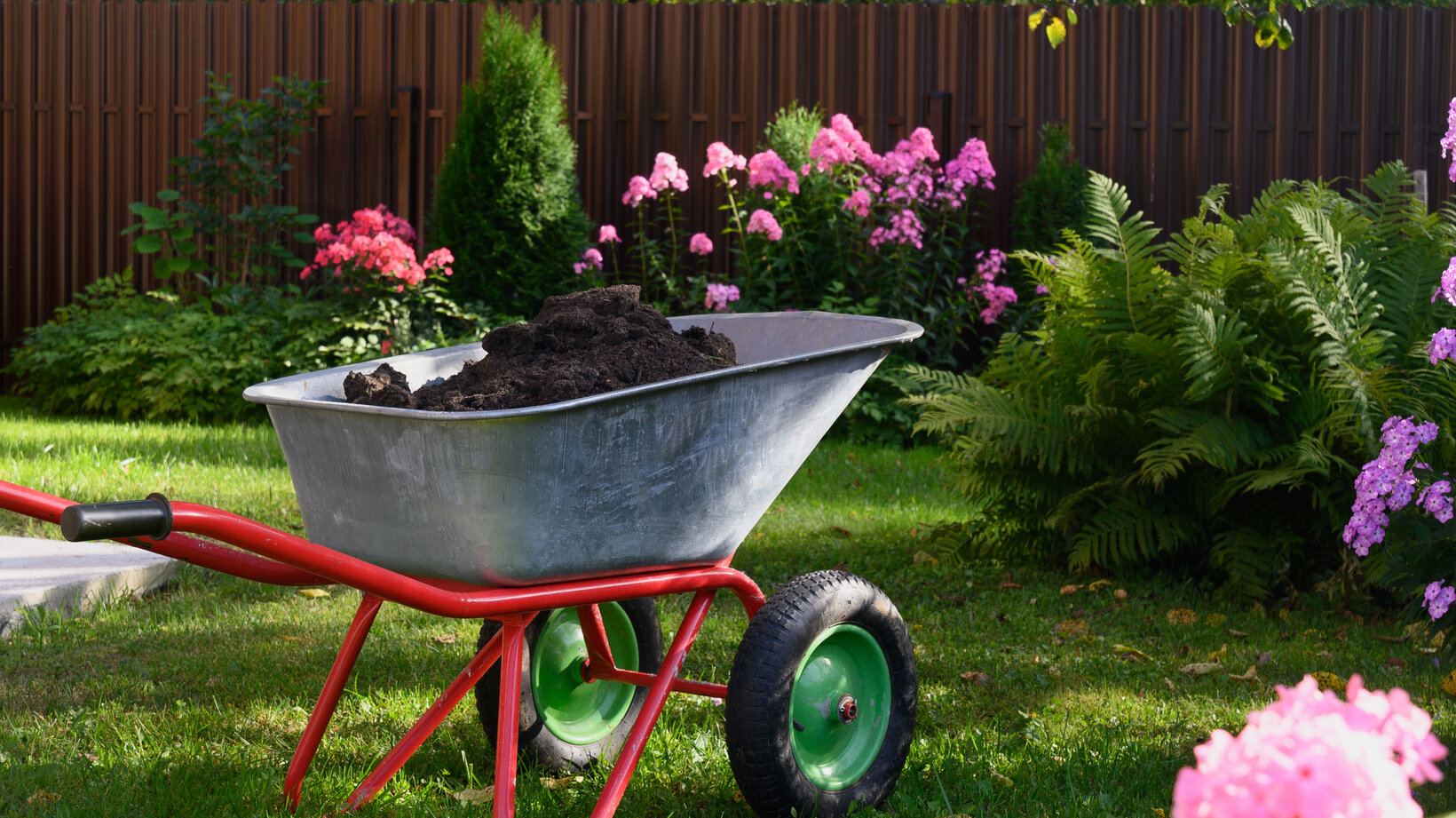 Blumen Risse, Sortiment, Garten, Gartentechnik, Gartenhelfer, Gruen, Pink, Rot, Grau, Schubkarre, Metall, Erde, Garten, Beet, Gartenarbeit, Pflanzen