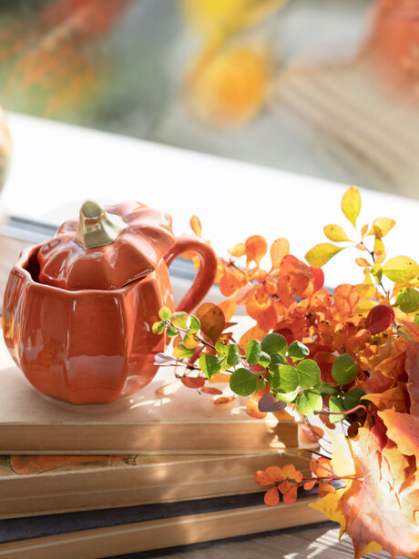 Blumen Risse, Kategorie, Header, Garten, Gartendeko, Herbstdeko, Kürbis, Kaffeekanne, Herbstlich, Orange, Gelb
