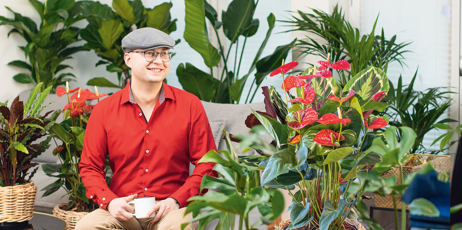 Ratgeber, Zimmerpflanzen, Gruenpflanzen, sitzender-Mann-zwischen-vielen-Gruenpflanzen-in-Wohnzimmer