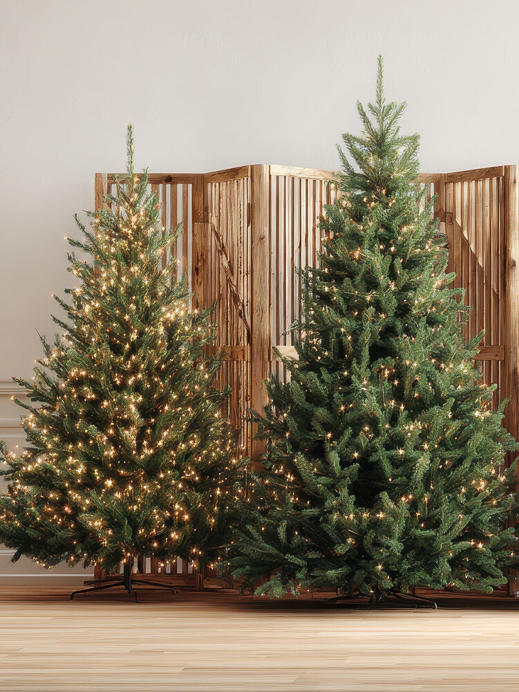 Blumen-Risse, Weihnachten, kuenstliche-Weihnachtsbaeume, vier-unterschiedliche-Weihnachtbaeume-stehen-nebeneinander