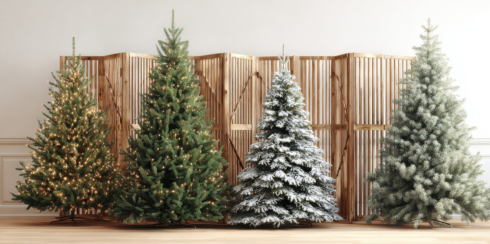 Blumen-Risse, Weihnachten, kuenstliche-Weihnachtsbaeume, vier-unterschiedliche-Weihnachtbaeume-stehen-nebeneinander