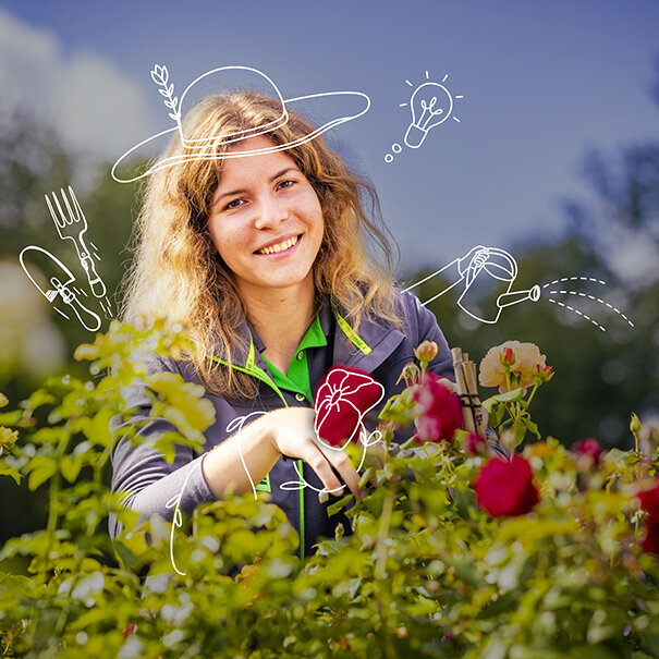 Blumen-Risse, Karriere, Gaertner, Gruen, Grau, Blau, Rot, Person, Rosen, pflegen, Arbeiten-bei-blumen-Risse